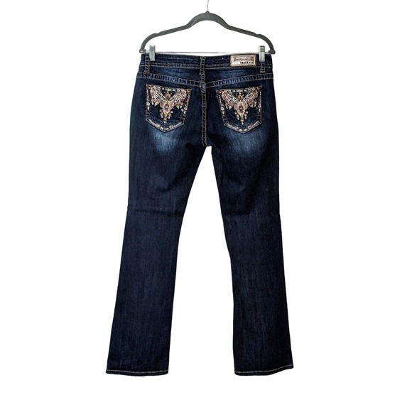 GRACE Mid-Rise Bootcut Dark Blue Distressed Jeans w/Embellished Pockets Size 30 - Picture 2 of 7